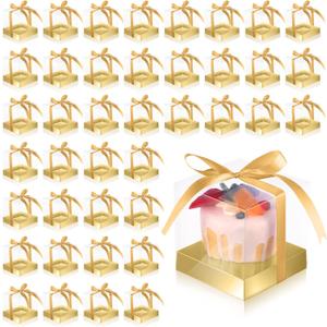 Thenshop 50 Pcs Clear Cupcake Boxes Individual 3.5 Inch Plastic Single Cupcake Containers Boxes with Inserts and Ribbon Individual Cake Storage Holders for Cake Kitchen(Gold)