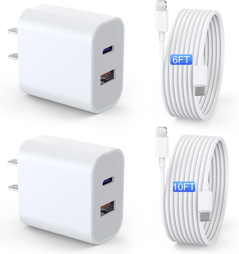 iPad Charger 2 Pack 20W Dual Port QC + PD 3.0 Power Adapter Fast Wall Charger Block with 6FT&10FT Lightning Cord Cable for iPad 9/8/ 7 Generation, iPad Air, iPad Mini, iPad Pro, iPhone
