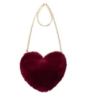 Miayon Heart Shaped Faux Fur Clutch Purse Fluffy Crossbody Shoulder Bag for Women Halloween Christmas Valentine Dark Red