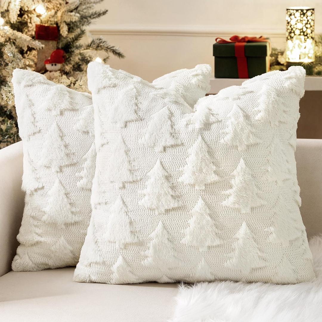 Woaboy Christmas Tree Decorative Pillow Covers Faux Wool Soft Plush Throw Pillow Covers 18x18 Inch Set of 2 Pillowcases Winter Xmas Holiday Home Decor for Couch Sofa Livingroom Bedroom,Cream White