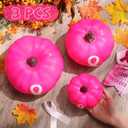 3 Pcs Breast Cancer Awareness Decorations Artificial Pumpkins Bulk Faux Foam Pumpkins with Pink Ribbon Pattern for Fall Halloween Table Decor (Hot Pink,4.33 Inch, 6.3inch, 7.87inch)