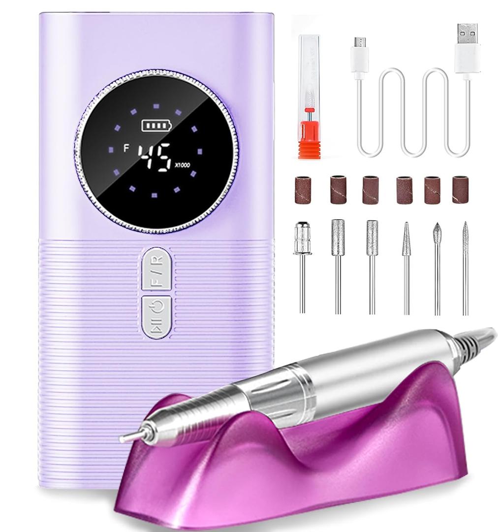 Lumcrissy 45000RPM Professional Cordless Nail Drill - Rechargeable Electric Efile for Acrylic Gel Nails, Coreless Motor with LCD Display, 10H Runtime, 6 Bits for Home Salon Manicure Pedicure
