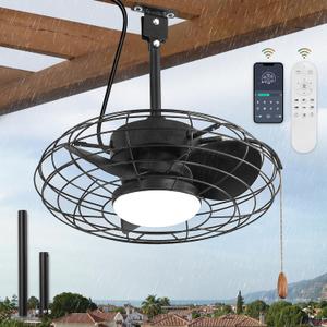 ZMISHIBO Outdoor Ceiling Fans with Light for Patios, Waterproof Gazebo Fan with Remote Control Smart App,3CCT Dimmable, Plug in Caged Ceiling Fan with Pull Chain for Porch Pergola, Black