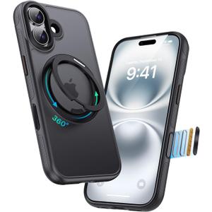 for iPhone 16 Case, Compatible with MagSafe, Slim Shockproof Military-Grade Rugged Protective Case with Stand, Camera Control, Comfort Grip (A-Black, iPhone 16)