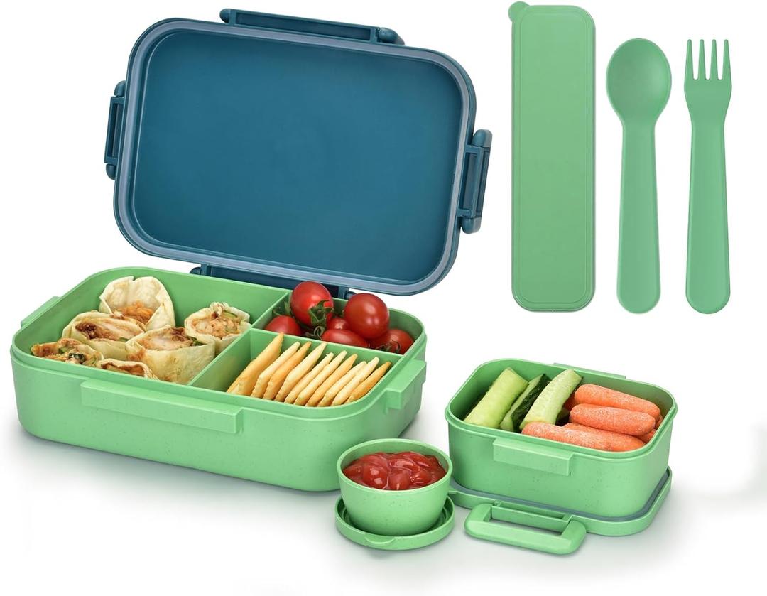 Homestockplus Wheat Straw Kids Bento Box, Leak-Proof, Microwave Safe, 5-Compartment, 8.3" x 5.3" x 2.1" (Small, Blue and Green)