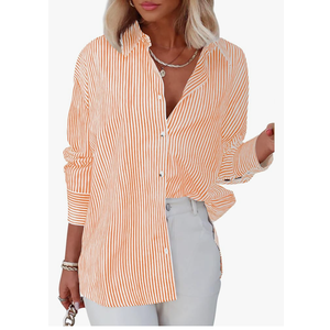 Diosun Womens Striped Button Down Shirts Classic Long Sleeve Stylish Collared Office Work Blouses Tops Size M Orange, White