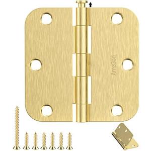 AmzGod Satin Brass Door Hinges - 28 Pack Gold Door Hinges 3.5 Inch Rounded Interior Door Hinge with 5/8" Radius - 3 1/2 Inches Flat Iron Brass Hinges for Residential Standard Doors