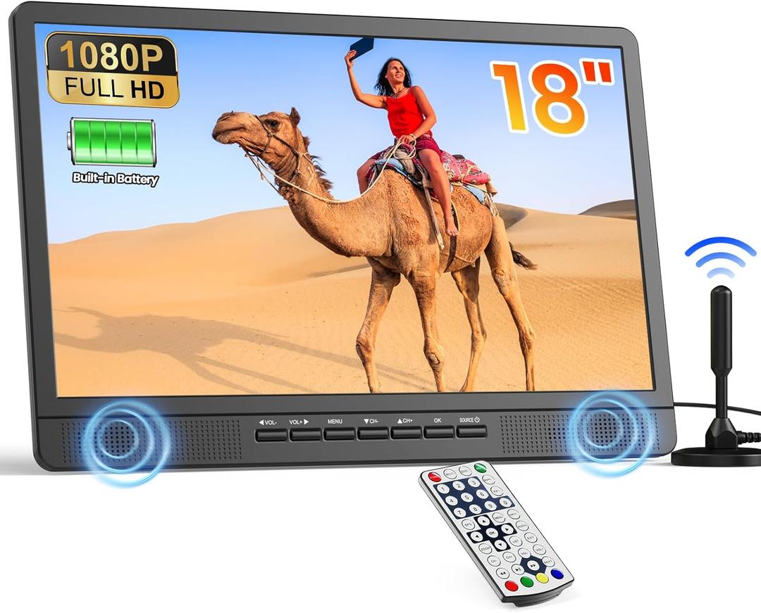 Desobry 18" Portable TV for Camping, 6000mAh TV Portable for Power Outages, Built-in Stand, PortableScreen with 1080P HDMI Input, AV Input, USB, SmallTV for Bedroom Camping Patio RV, no WiFi (B01)