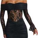 Women's Sexy Lace Off Shoulder Long Sleeve Bodycon See Through Night Out Party Mini Dress Small