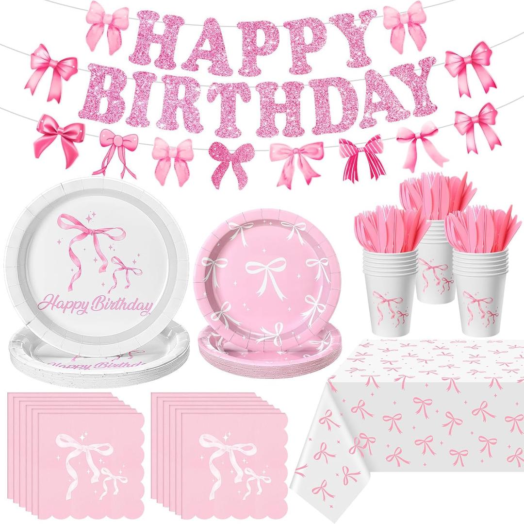 Mimorou 172 Pcs Pink Bow Coquette Cute Bachelorette Party Decor with Napkins Plates Cups Forks Tablecloth Banner Pink Bow Theme Tableware for Girl Birthday Baby Shower (Pink and White)