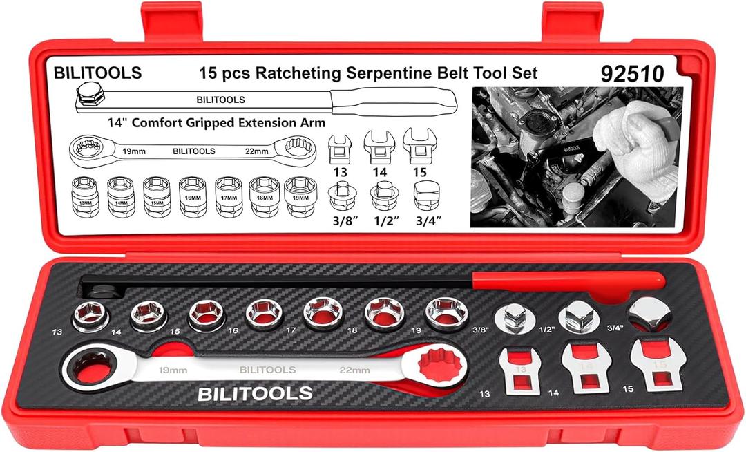 BILITOOLS 15-Piece Universal Serpentine Belt Tool Set, Ratcheting Serpentine Belt Tensioner Tool Kit