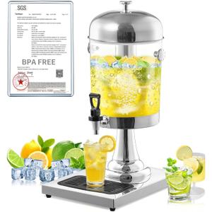 2 Gallon Drink Dispensers for Parties, [Easy-to-Clean Drip Tray Design] [Cold & Hot Dual-Use] Beverage Dispenser with Stand & Ice Core, Stainless Steel Juice Dispenser for Home Lemonade, Catering