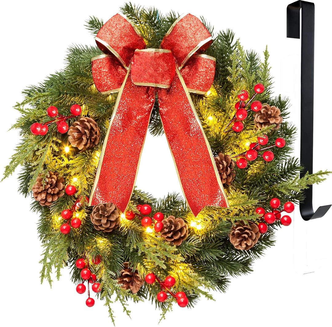 Christmas Wreath 16 Inches, with Metal Hanger, Pre-Lit Artificial Christmas Front Door Wreath Battery Operated with 40 LED Lights Christmas Decorations