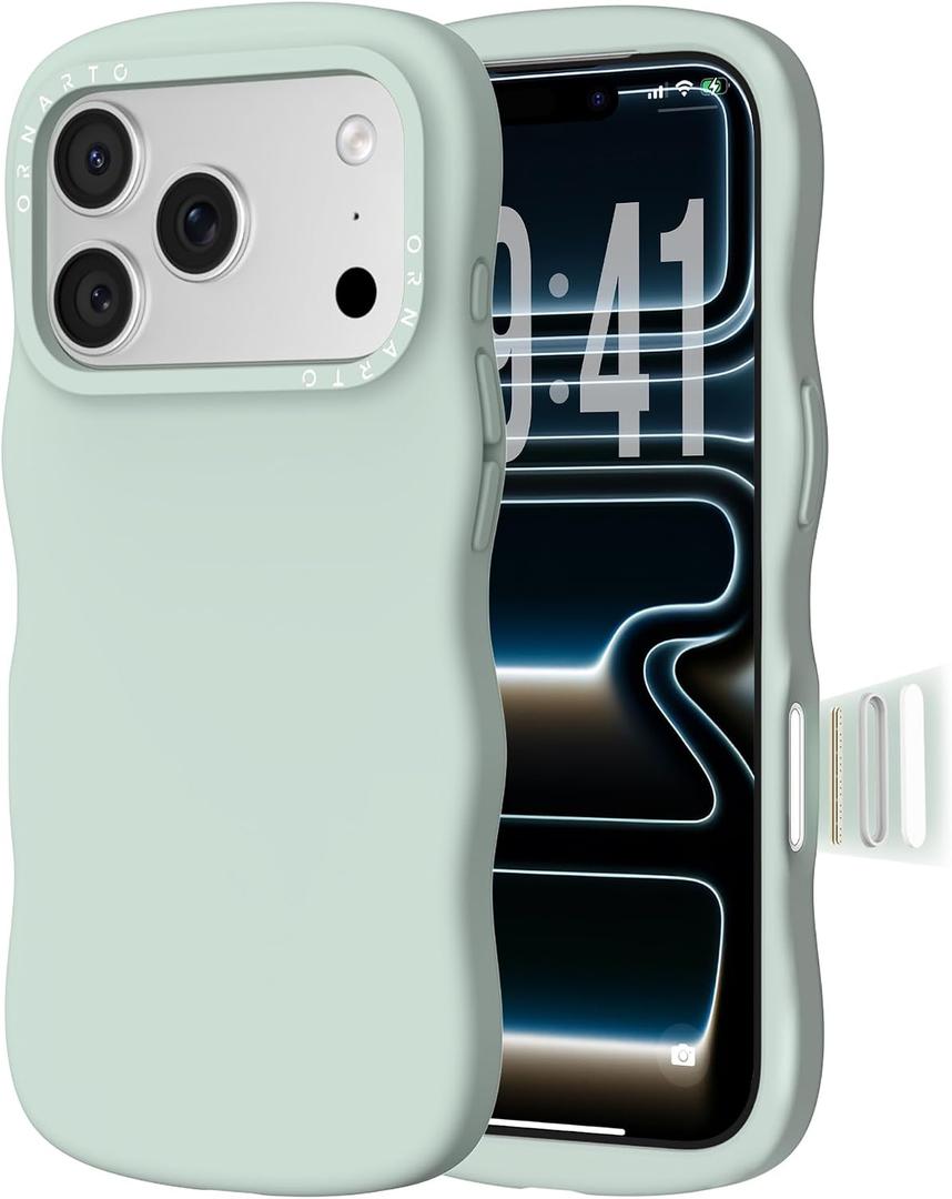 ORNARTO for iPhone 17 Pro Case 6.3", Wavy Liquid Silicone Shockproof Drop Protection Cover with Camera Control Button, Skin-Friendly Microfiber Lining Light Green