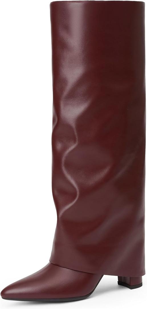 Modatope Knee High Boots Women Fold Over Knee High Boots Chunky High Heels Long Boots Zipper Pointed Toe Dress Tall Boots for Women (10, Burgundy Pu)