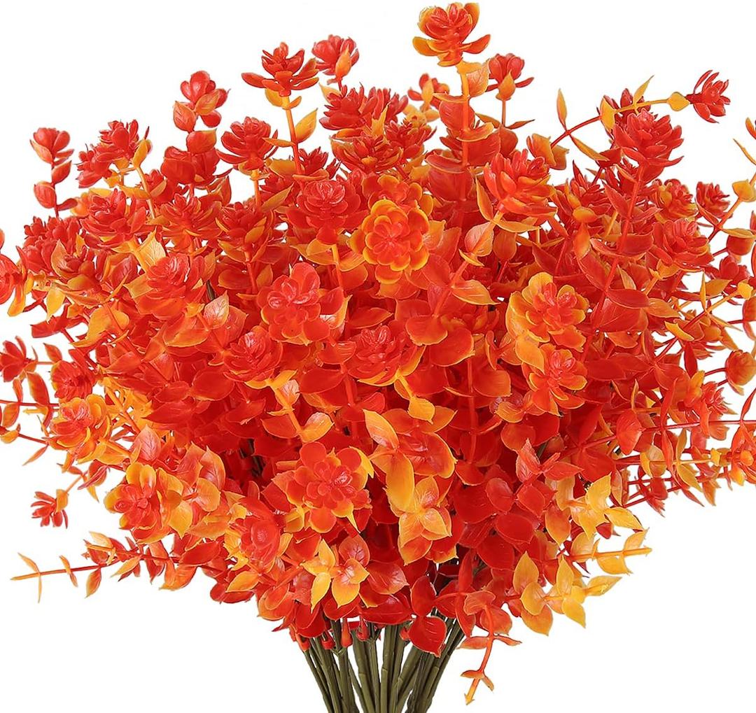 RECUTMS 8 Bundles Artificial Fall Flowers No Fade Faux Autumn Plants, Fake Indoor Outdoor Greenery for Thanksgiving Christmas Wedding Party Home Garden Fireplace Dcor (Golden)