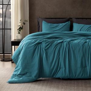 SLEEP ZONE Queen Comforter Set, Duvet Insert with Natural Wrinkle Texture, Cotton-Linen Feel, Lightweight and Breathable Fluffy Bedding Sets with 1 Comforter and 2 Pillow Shams (Teal)