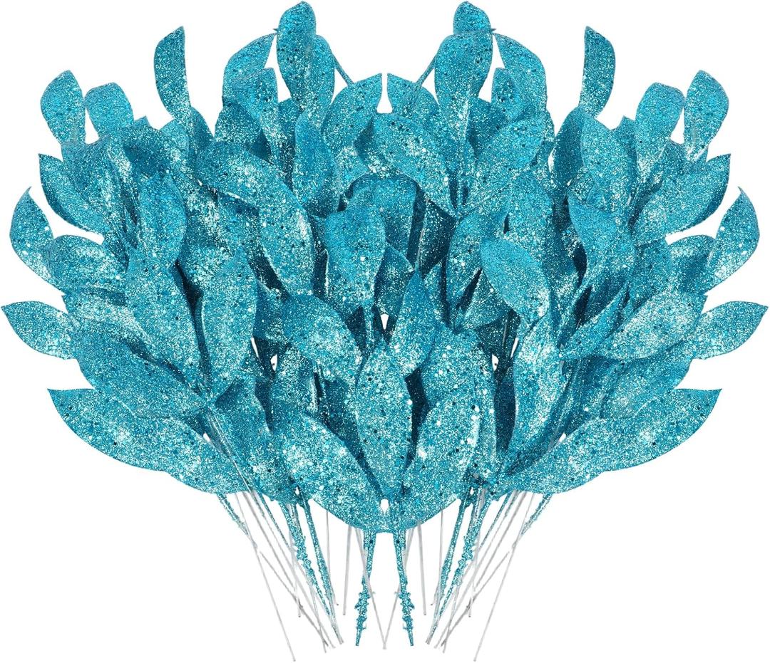 MWOOT 16 PCS Christmas Artificial Glitter Leaves, Blue Glitter Christmas Leaves Picks for Centerpieces, Xmas Tree Ornaments for Vase Garland Wreath Wedding Bouquet Table Home Garden Dcor
