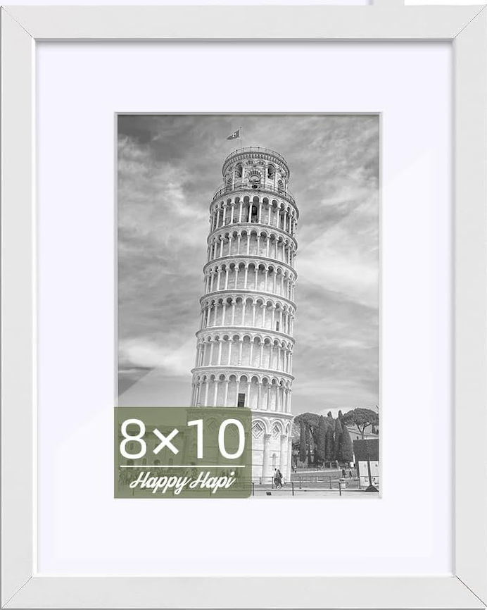HappyHapi 8x10 Picture Frame, White Photo Frame for 5x7 with Mat or 8x10 Without Mat, Tabletop or Wall Mount Display Picture Frames for Prints, Photos, and Paintings, 1 Pack