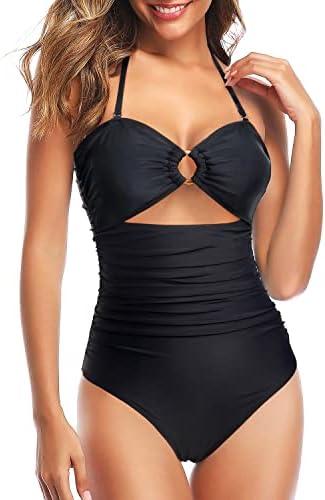Tempt Me Women Sexy Cutout One Piece Swimsuits Tummy Control High Waisted Halter Front Tie Knot Bathing Suit, Medium 