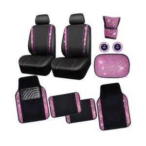 Bling Rhinestone Car Seat Covers Leather Shining Diamond Car Floor Mats Carpet with Anti-Slip Nibs Bling Diamonds Car Accessories Sets Pink Glitter Crystal Diamond Combo Set