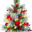 Small Christmas Tree with 50 Lights22 Inches Artificial Tabletop Mini Christmas Tree with Pine Needle Branches Red Berries Red Bowknots Christmas Decorations for Home Store Party Holiday