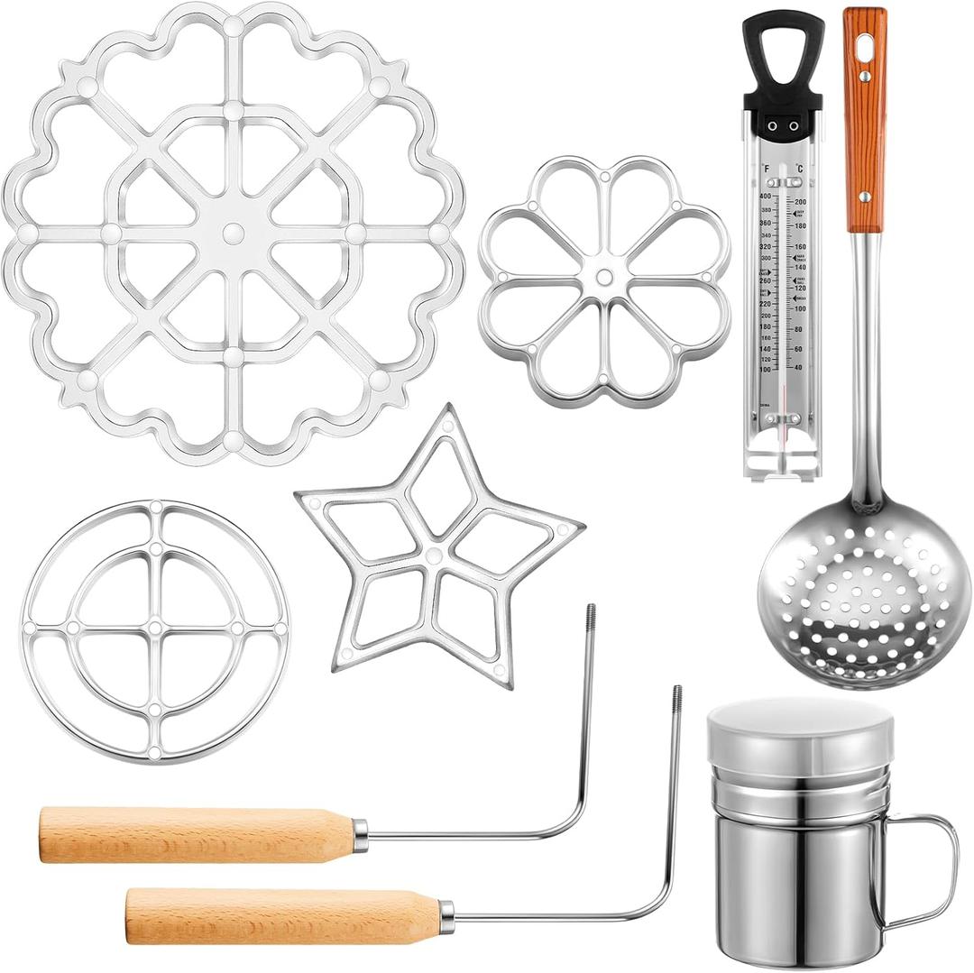 9 Pcs Rosettes Cooking Set Bunuelos Mold with Handle Rosette Iron Mold Mini Waffle Maker Baking Kit Funnel Cake Maker Achappam Mold with Traditional Waffle Iron for Chef Cooking Housewares Gift