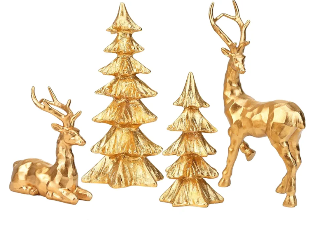 2 Pcs Christmas Tree Figurines and 2 Pcs Christmas Reindeer Figurines, Gold Tabletop Christmas Decorations Resin Christmas Tree and Elk Statues for Table Centerpieces Desk Shelf Fireplace Decor