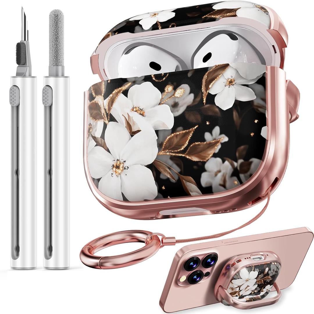Inesore with Safety Lock for AirPods 4 Case,Clear Floral Cute AirPod 4th Generation Case for Women Girly with Cleaner Kit and Keychain-Black+Gold Black Gold Flower