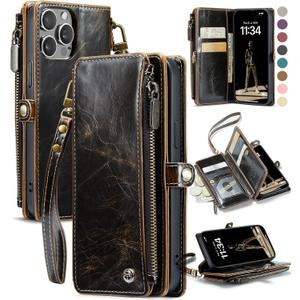Defencase Compatible with iPhone 14 Pro Case Wallet with RFID Blocking Card Holder for Women Men, Soft PU Leather Magnetic Snap Flip Zipper Strap Wallet Phone Case Fit for iPhone 14 Pro 6.1", Coffee