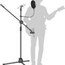 Adjustable Heavy Duty Portable Tripod Mic Stand with 2 Clips and Pop Filter for Singing, Performance & Outdoor Activities