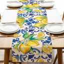 3 x Blue Lemon Italy Tile Pattern Dining Table Runner, Amalfi Coast Italian Capri Citrus Burlap Kitchen Decoration, Summer Mediterranean Indoor Outdoor Home Decor Party Supply 13 x 72 Inches
