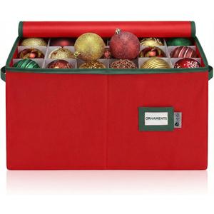 Christmas Ornament Storage Container with Dividers - Box Stores Up to 54 Ornaments, Zippered, Convenient, Adjustable, Large Organizer Bin to Protect Holiday Dcor, Fits Most Standard Size, Red