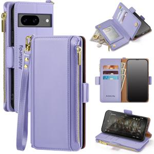 Antsturdy Compatible with Google Pixel 8 Wallet Case with Card Holder Women Men Phone Case RFID Blocking PU Leather Kickstand Flip Protective Cover Wrist Strap Zipper Credit Card Slots,Light Purple