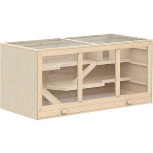 PawHut 45" Extra Large Wooden Hamster Cage, 3-Layer Chewproof Rat Cage with Opening Roof, Hut, Ramps, for Gerbil, Dwarf & Syrian Hamsters, Natural