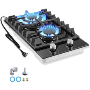 Amzgachfktch Gas Cooktop 2 Burner Propane Cooktop, 12 Inch Gas Stove Top with Thermocouple Protection, LPG/NG Dual Fuel Built-in Tempered Glass Stove for Apartment, Indoor, RV