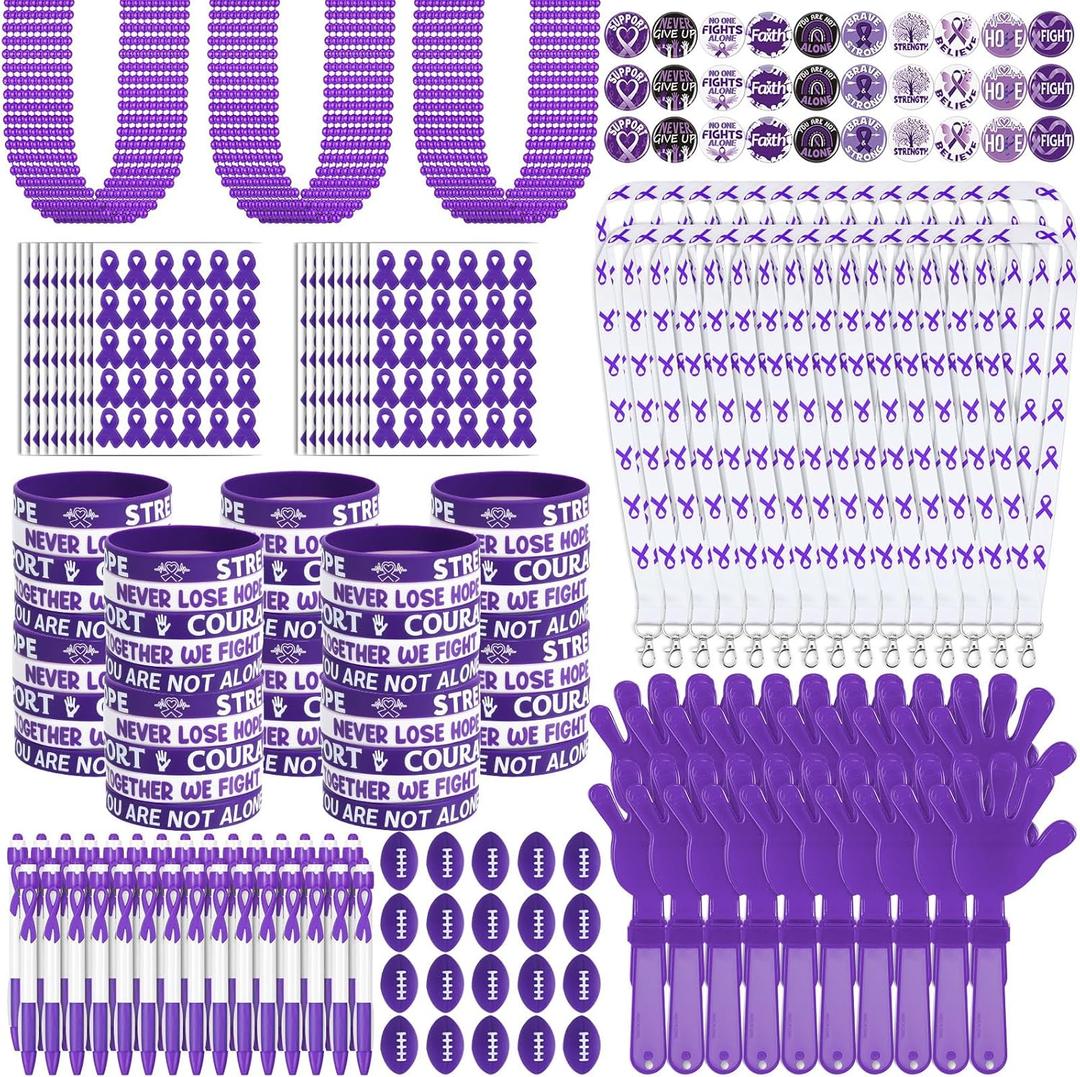 Poen 520 Pcs Purple Ribbon Awareness Items Pancreatic Cancer Awareness Silicone Bracelets Purple Ribbon Hand Clappers Footballs Pins Stickers Neck Lanyards for Survivor Event Charity Supplies