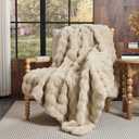 Lotus Karen Faux Fur Throw Blanket Linen - 800 GSM Bubble Rabbit Fluff Blanket for Couch Bed Sofa,Softest Fluffy Fuzzy Cozy Blanket,Thick Furry Plush Shaggy Warm Blankets for Women,90x90 Inches, Queen