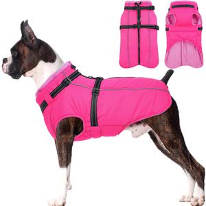 Lelepet Dog Winter Coat Waterproof Dog Jacket with Harness Built in Windproof Reflective Pet Coats for Small Medium Large Dogs, Thermal Fleece Lined Coats for Cold Weather Walking Hiking, Rose Red, L