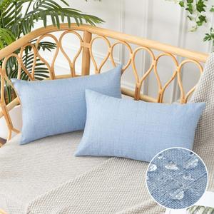 UGASA Outdoor Throw Pillow Covers Pack of 2 Plaid Texture Waterproof Farmhouse Linen Decorative Lumbar Cushion Pillows Covers for Patio Porch Outside Yard Garden Bench 12x20 Inch, Light Blue