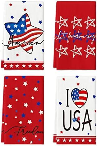 Artoid Mode American Flag 4th of July Kitchen Towels Dish Towels, 18x26 Inch Freedom Love Patriotic Memorial Day Decoration Hand Towels Set of 4