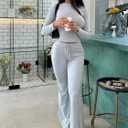 YEOREO Two Piece Sets for Women Long Sleeve Tops Lounge Set Drawstring Wide Leg Pants Ava Matching (Gray, XL)