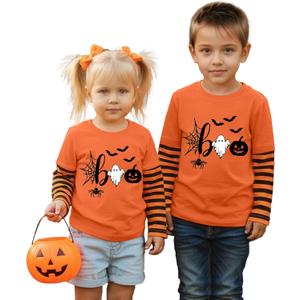 Toddler Halloween Shirts Boys Girls Spooky Pumpkin Skeleton Graphic Sweatshirt Halloween Kids Long Sleeve Tops 2-9 Years (Orange)
