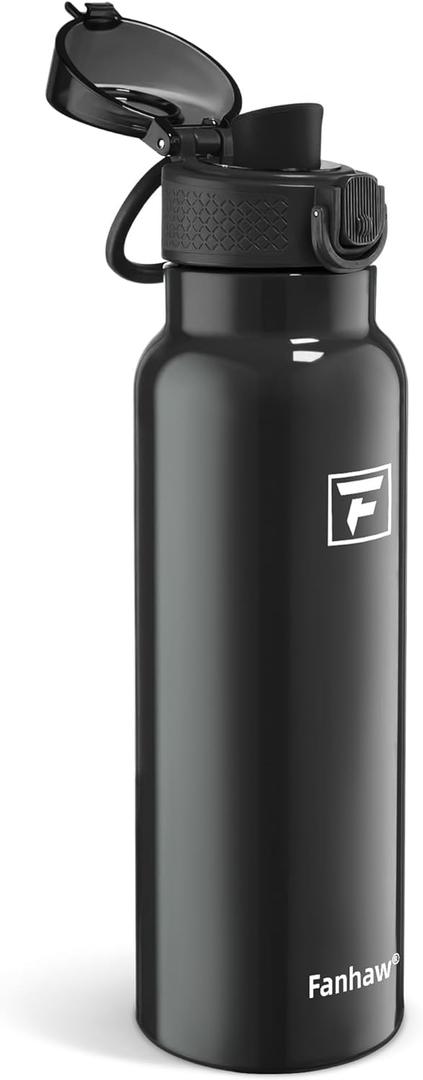 Fanhaw Daylite Series 24 oz Stainless Steel Insulated Water Bottle with Silicone Spout Lid, Double-Wall Vacuum Leakproof Metal Bottle, Back to School Gift for Kids, Women & Men (Glossy Black)