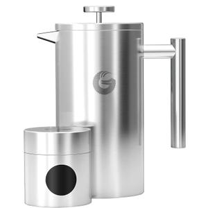 Coffee Gator French Press Coffee Maker 34oz, Double Insulated Stainless Steel Brewer plus Travel Jar Canister, Portable Hot Cold Brew for Coffee Bar Accessories Kitchen Camping, Silver