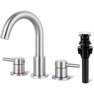Bathroom Faucet 3 Hole, Brushed Nickel Bathroom Sink Faucet with Pop Up Drain, 8 inch Widespread Bathroom Faucet with 360 Swivel Spout, 2 Handle Vanity Faucet with Water Supply Hoses