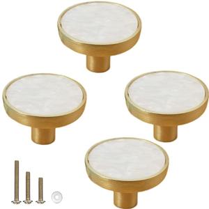 Gold Knobs for Dresser Drawers, Brass Decorative Cabinet Round Knobs, 1.25" Northern Europe/Chinese Style Pearl Shell Handles pulls knobs for Home Decor Furnitures (4 Pack, Snow White)
