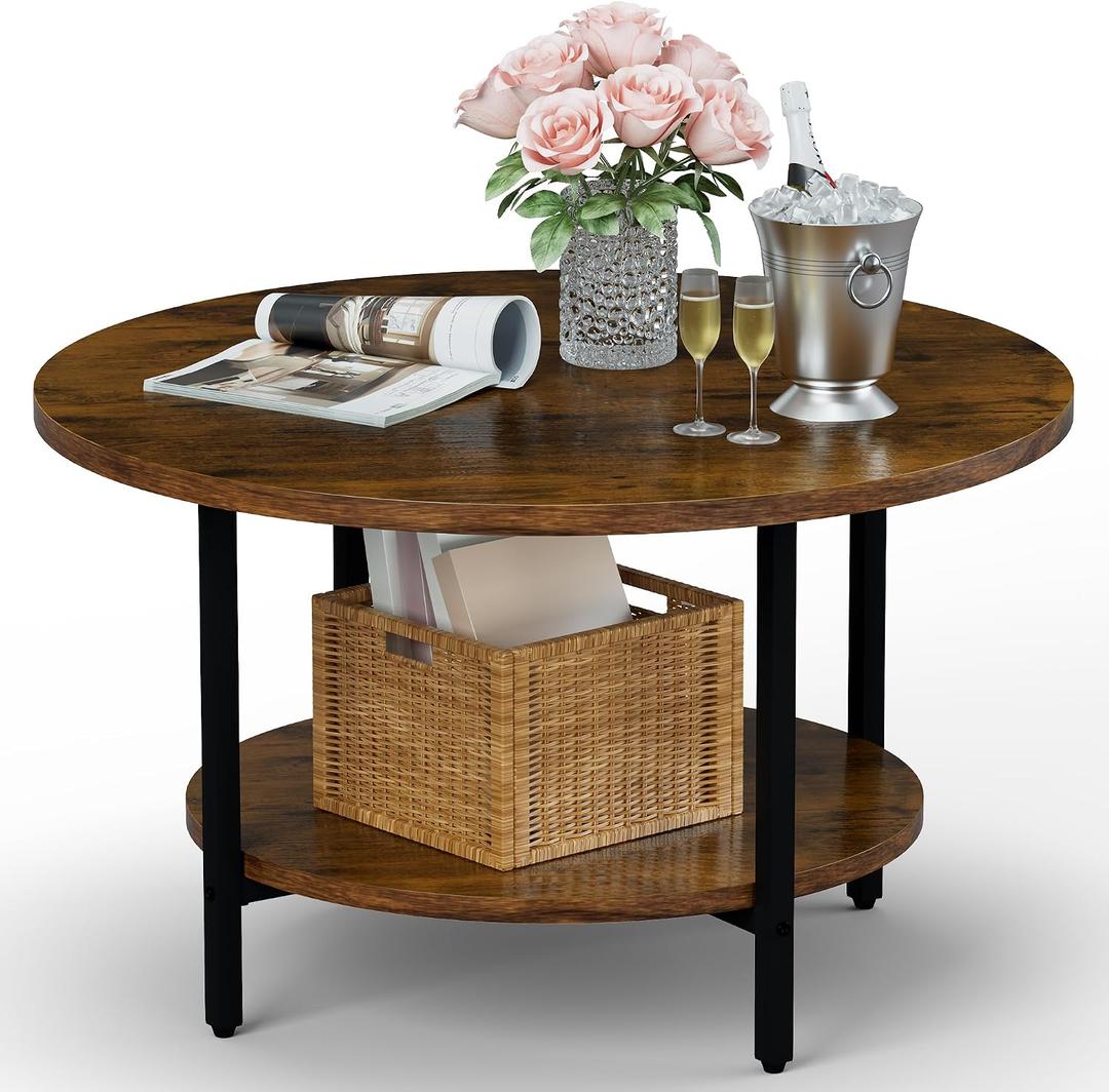 FAMIDGE Round Coffee Table, 27.6" Circle Coffee Table for Living Room, 2-Tier Wood Accent Center Table with Open Storage Industrial Design Home Furniture, Rustic Brown, Large 2T