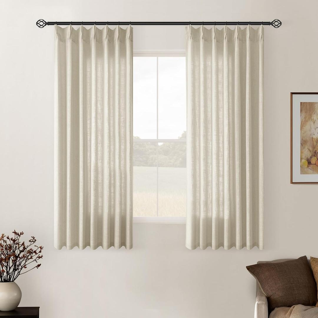 TWODRAPES Linen Pinch Pleated Linen Curtains 2 Panels for Living Room Bedroom Memory Training Shaped Semi Sheer Pleat Drapes with Hooks Rings Light Filtering Window Curtain 40x45