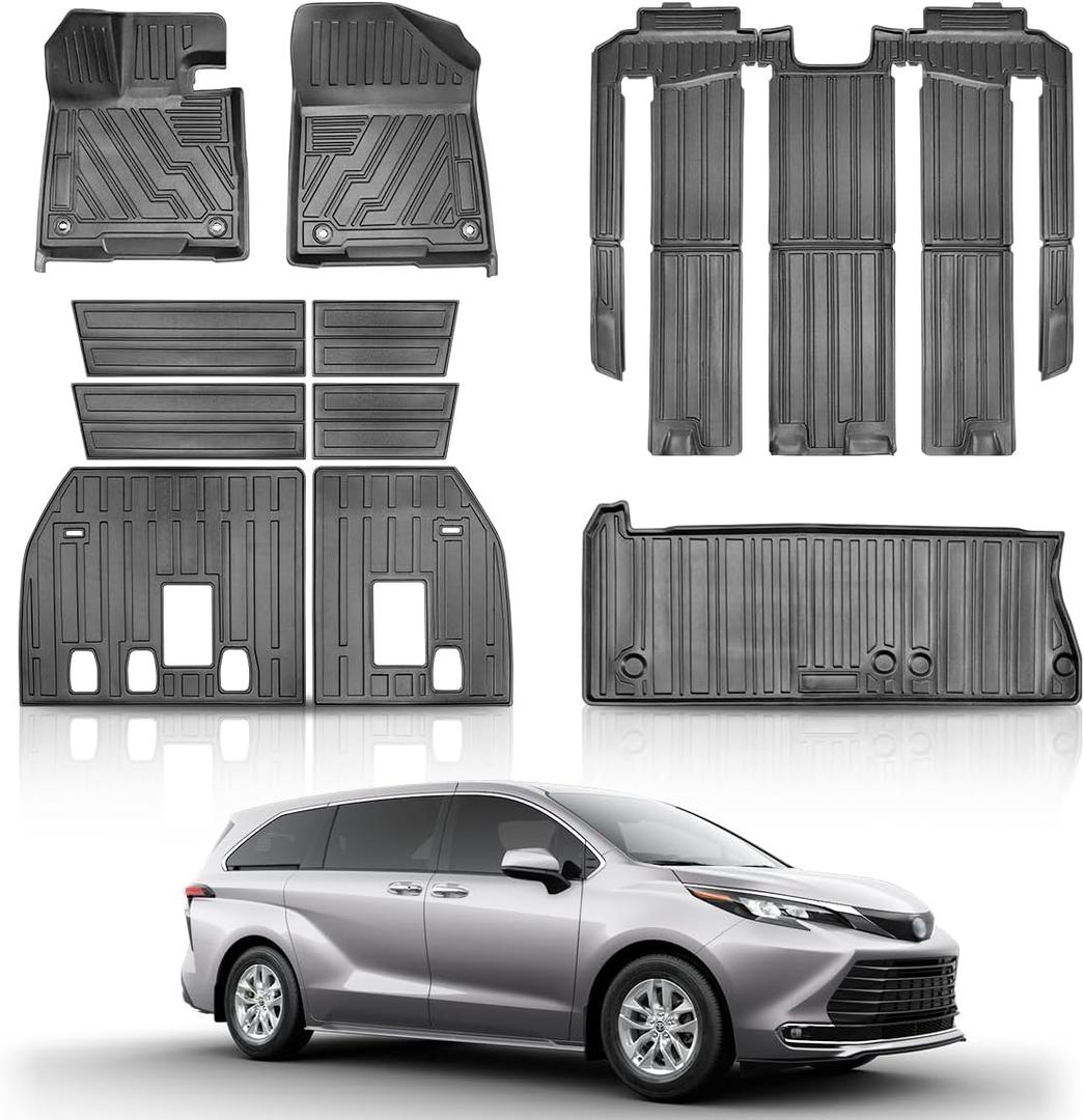 Floor Mats&Cargo Liner Compatible for Toyota Sienna 2021-2025 7 Seat All Weather Mats for Sienna 3rd Row Floor mats & Backrest mat and Trunk with TIRE (Only Fit 7 Seater with Spare Tire)